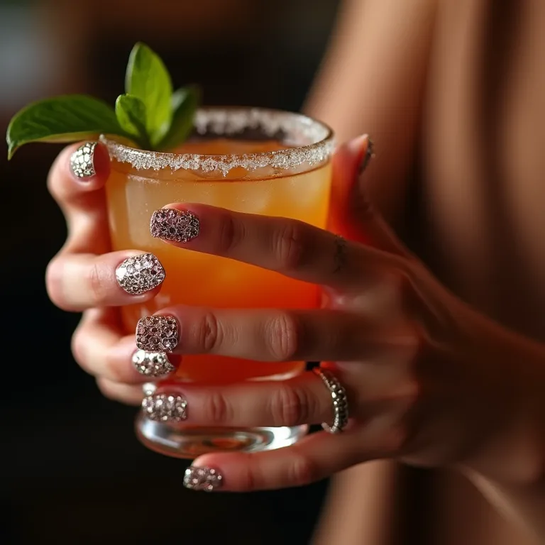 Unhas com pedrarias brilhantes segurando um coquetel.