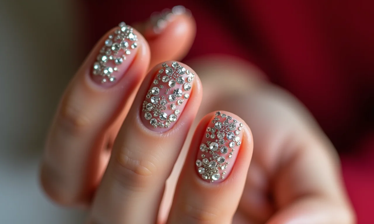 Unhas com pedrarias delicadas, adicionando sofisticação e um toque de luxo ao visual.