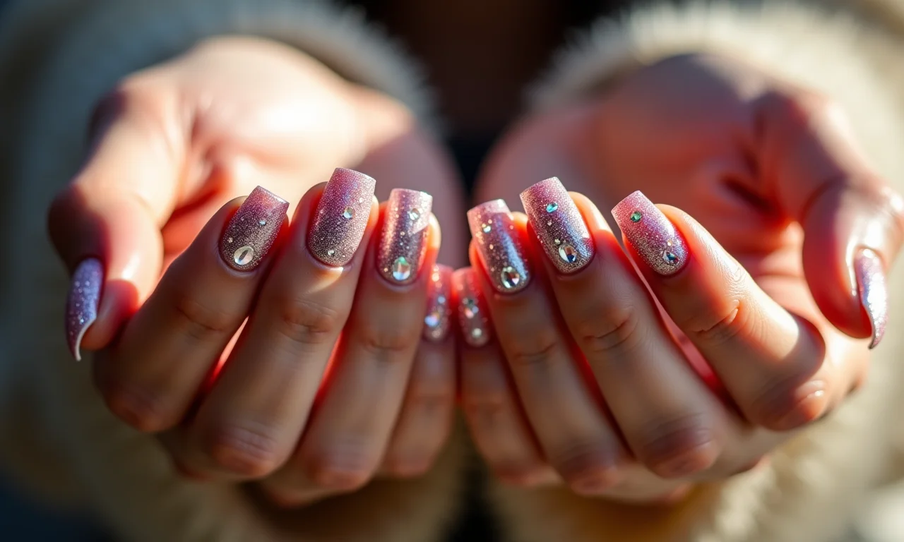 Unhas com pedrarias românticas e brilhantes.