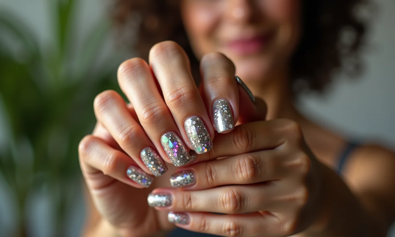 Unhas com pedras e desenhos abstratos únicos.