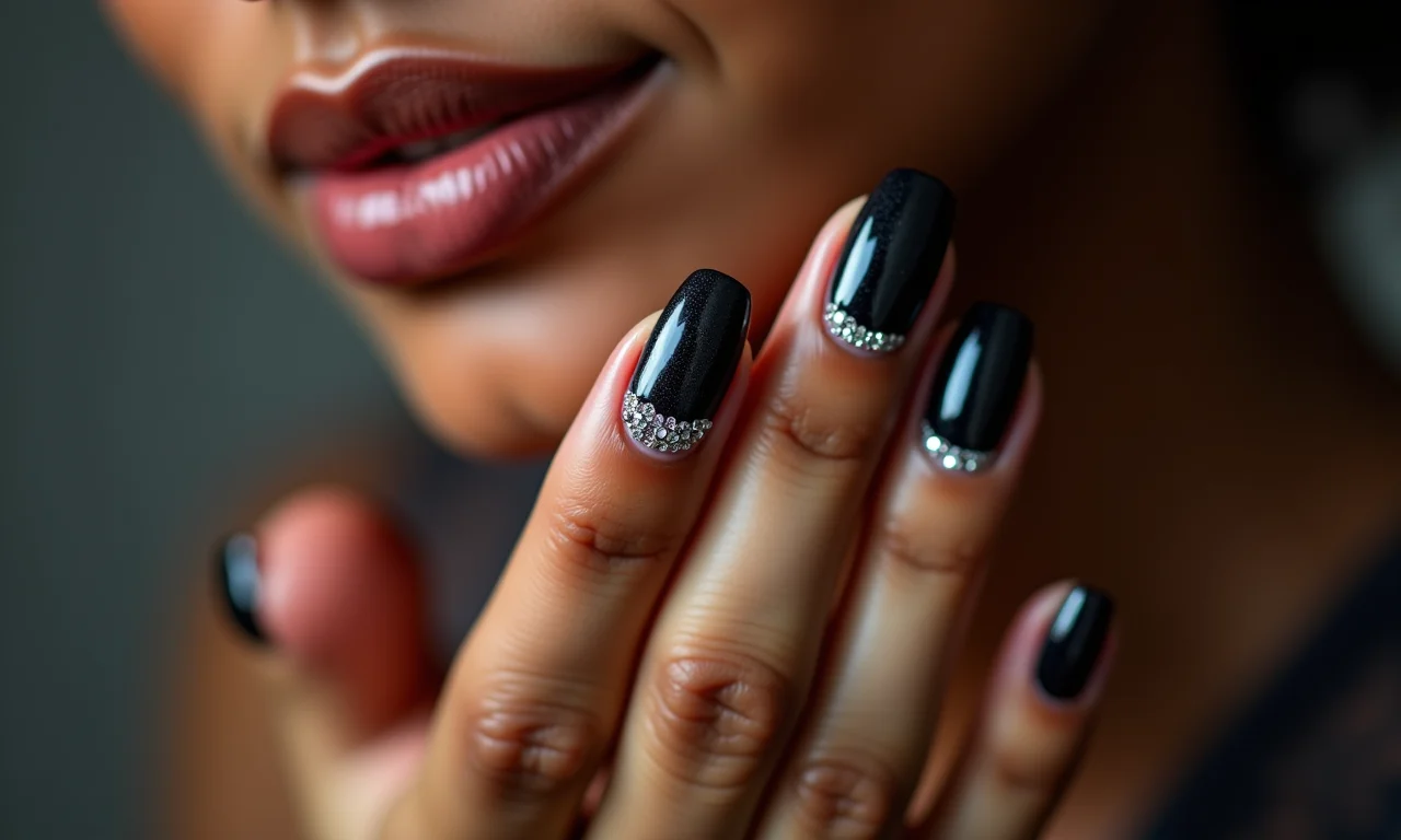 Unhas com pedras e esmalte escuro elegante.