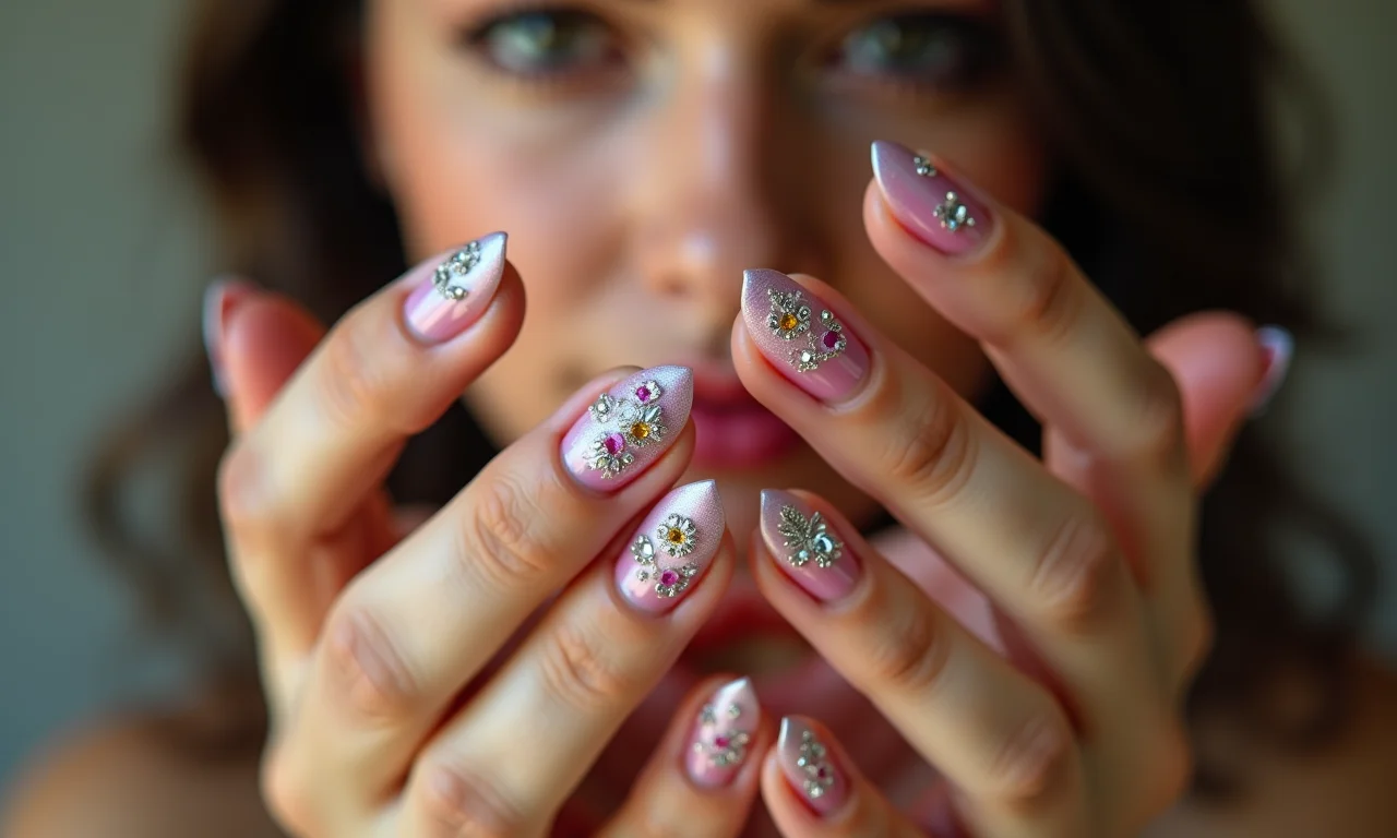 Unhas com pedras e flores delicadas.