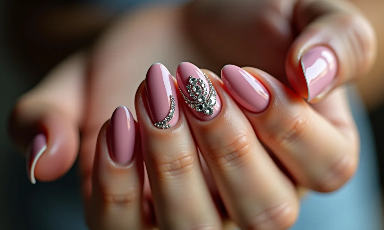 Unhas com pedras e películas decorativas.