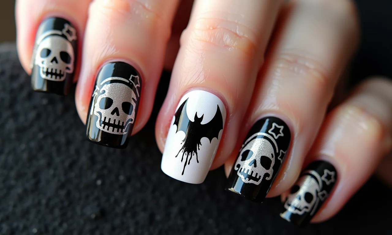 Unhas com películas temáticas góticas.