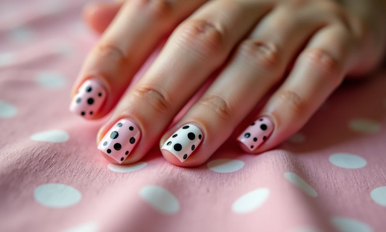 Unhas com poá clássico e charmoso usando tinta de tecido.