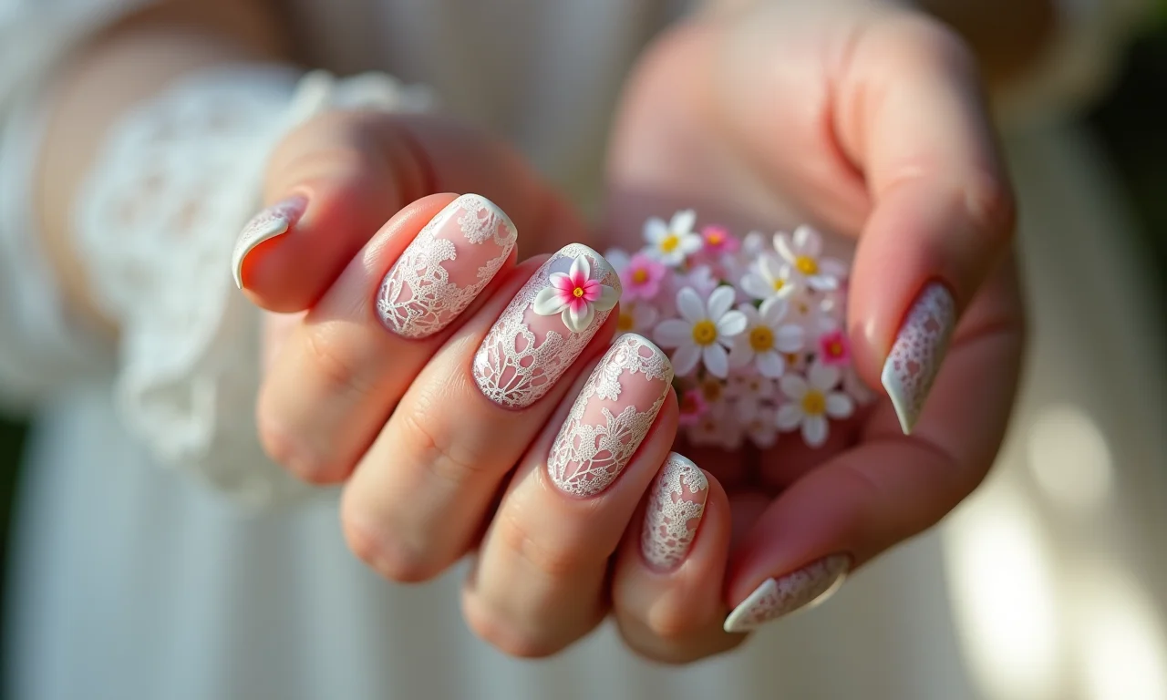 Unhas com renda e flores, um visual delicado e romântico.