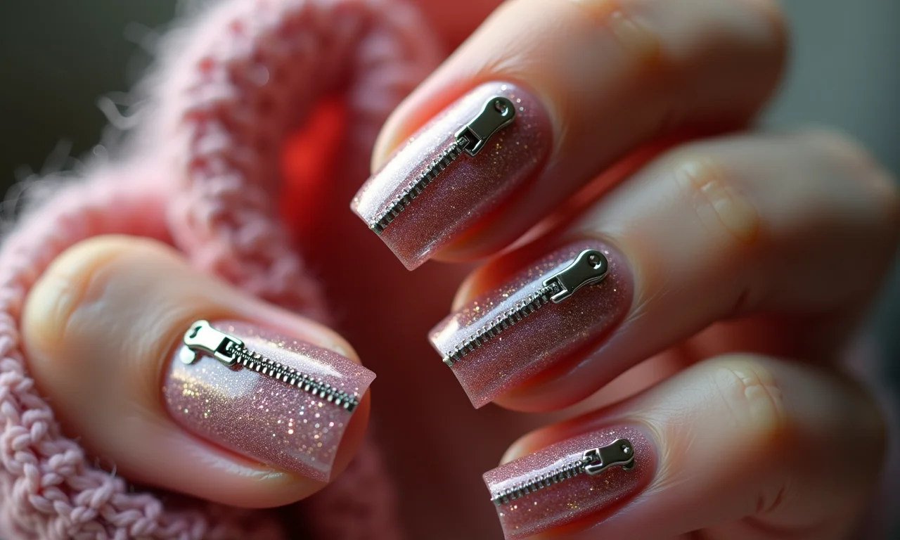 Unhas com zíper e detalhes em glitter.