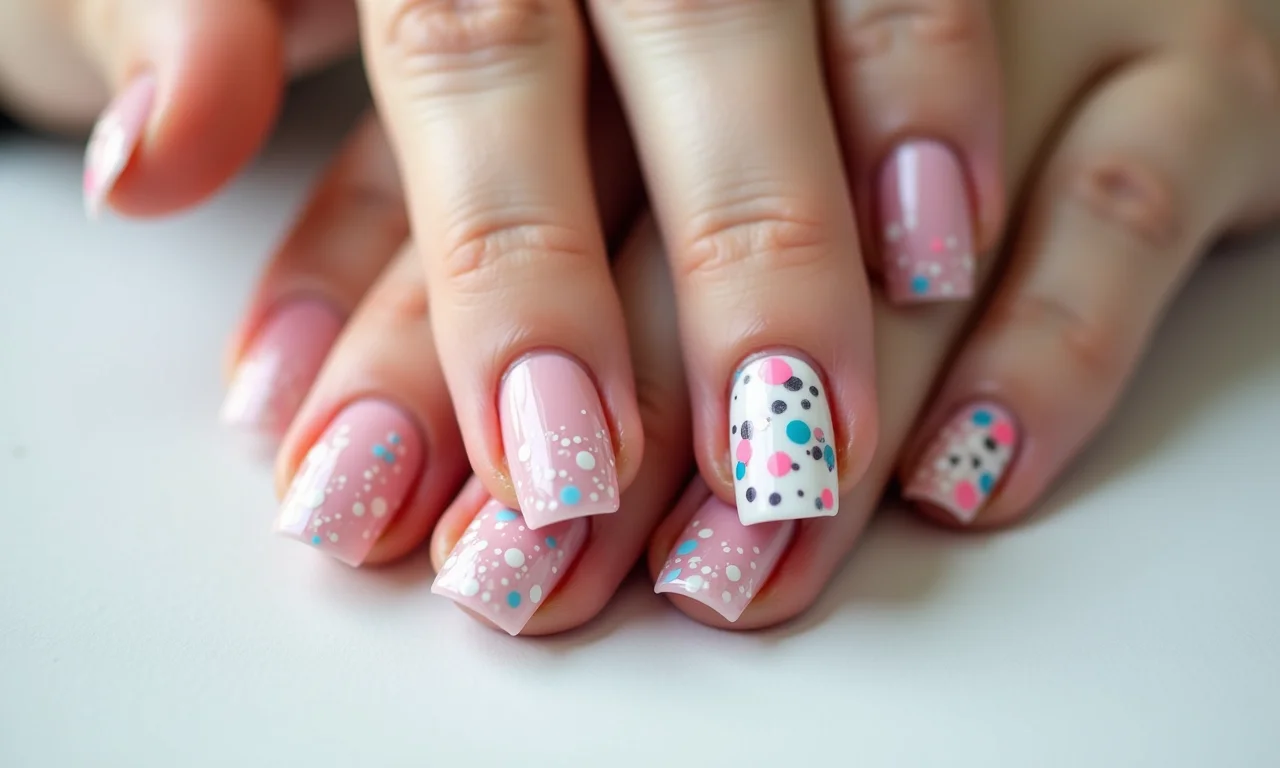 Unhas curtas decoradas com adesivos e películas.