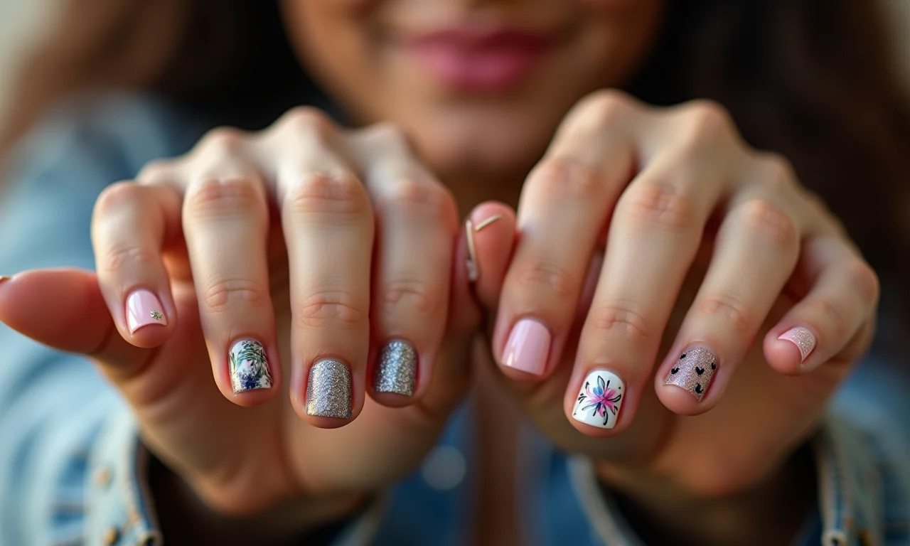 Unhas curtas decoradas com designs modernos e diversos.