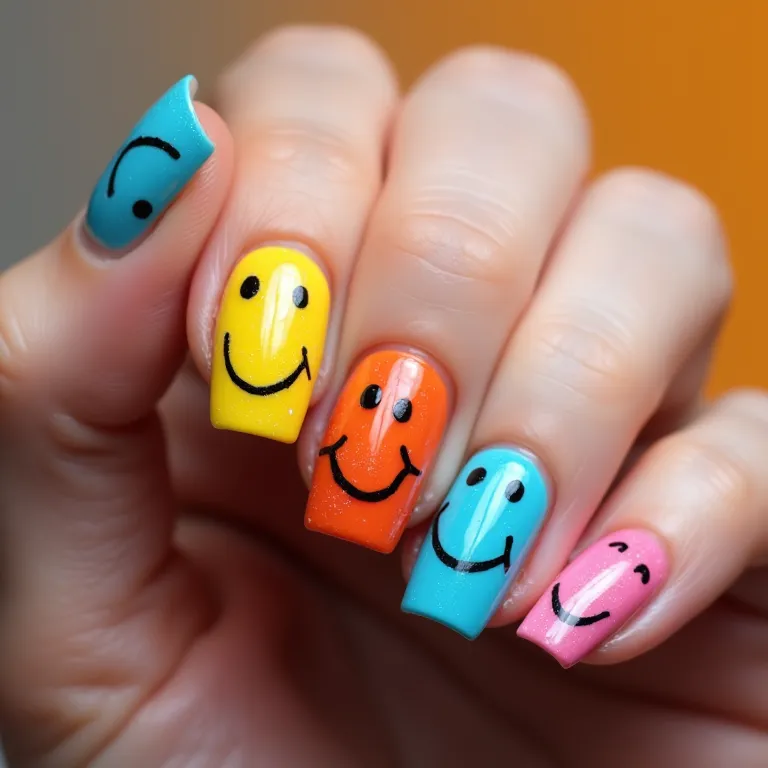 Unhas de carinhas coloridas: explosão de criatividade.