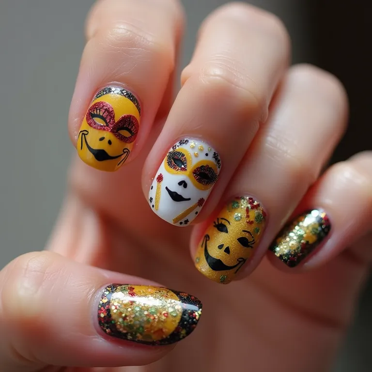 Unhas de carinhas temáticas para o Carnaval: máscaras e confetes.