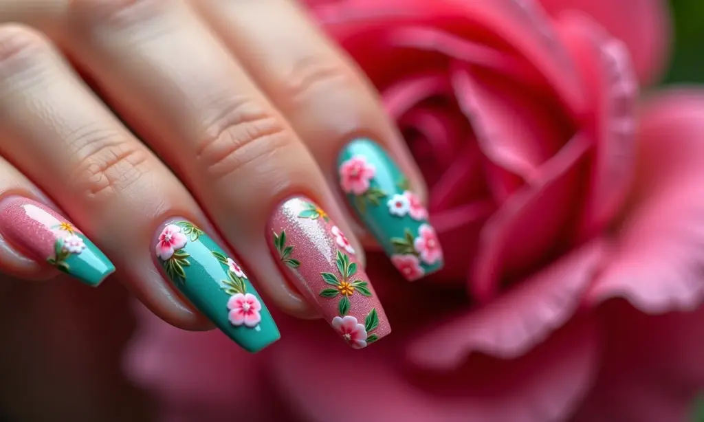 Unhas de fibra de vidro decoradas com designs vibrantes e modernos.