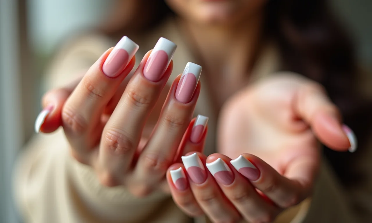 Unhas de fibra de vidro quadradas com francesinha reversa.