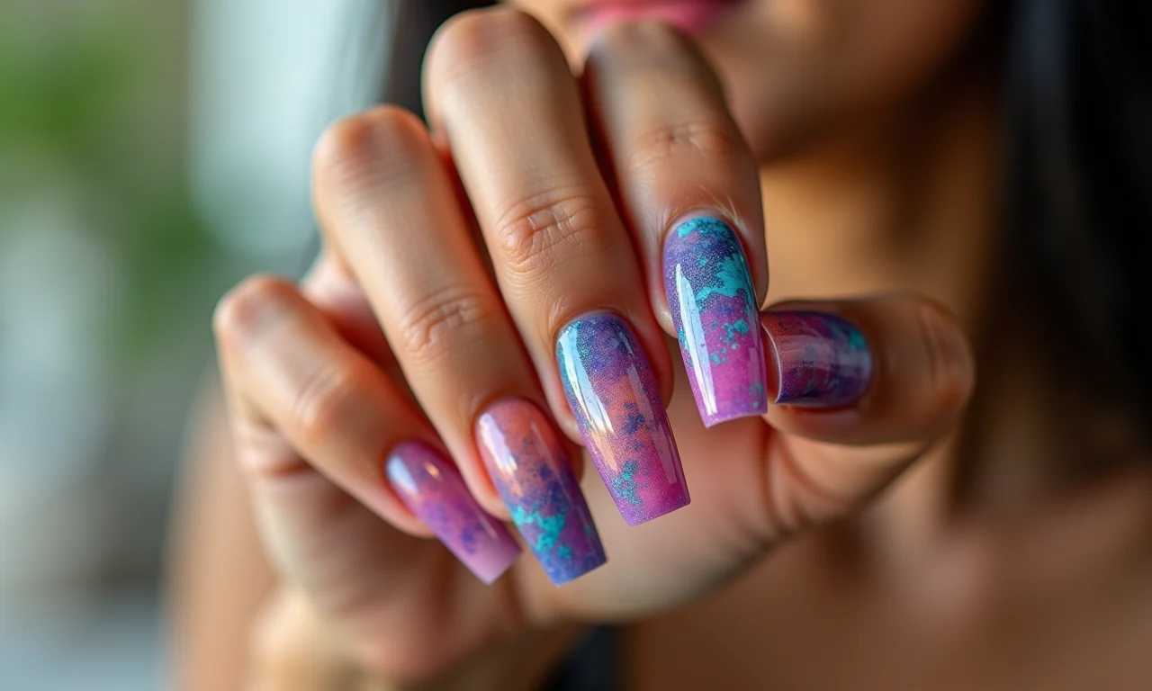 Unhas de fibra de vidro quadradas decoradas com design moderno.