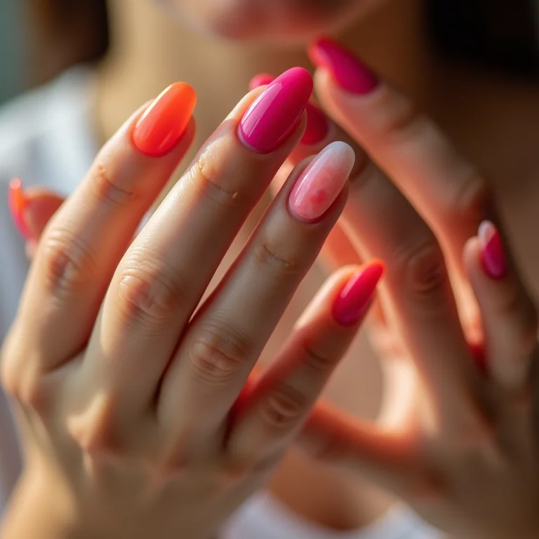 Unhas de fibra decoradas com esmalte em gel colorido