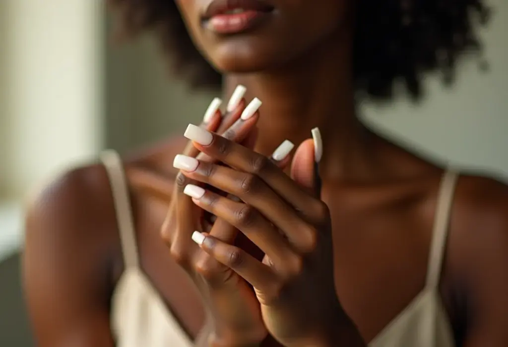 Unha de fibra quadrada decorada: o segredo das manicures Unhas de fibra quadrada decoradas: close-up das mãos de uma mulher com unhas impecáveis.