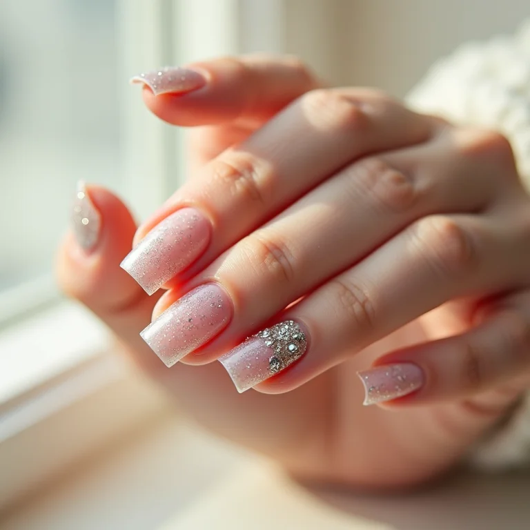 Unhas de fibra quadrada decoradas: glitter, nail art e outros designs.