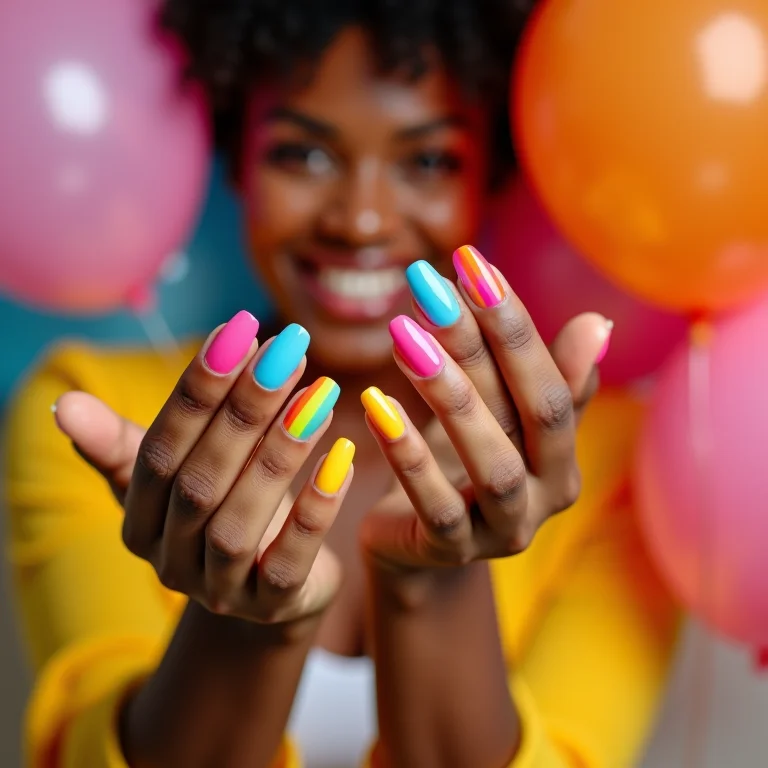 Unhas de gel coloridas e alegres