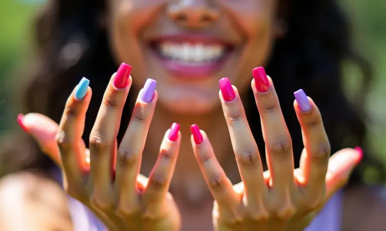 Unhas de gel coloridas e bem cuidadas em mãos de diferentes tons de pele.