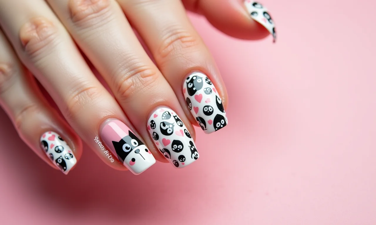 Unhas de gel com adesivos e aplicações.