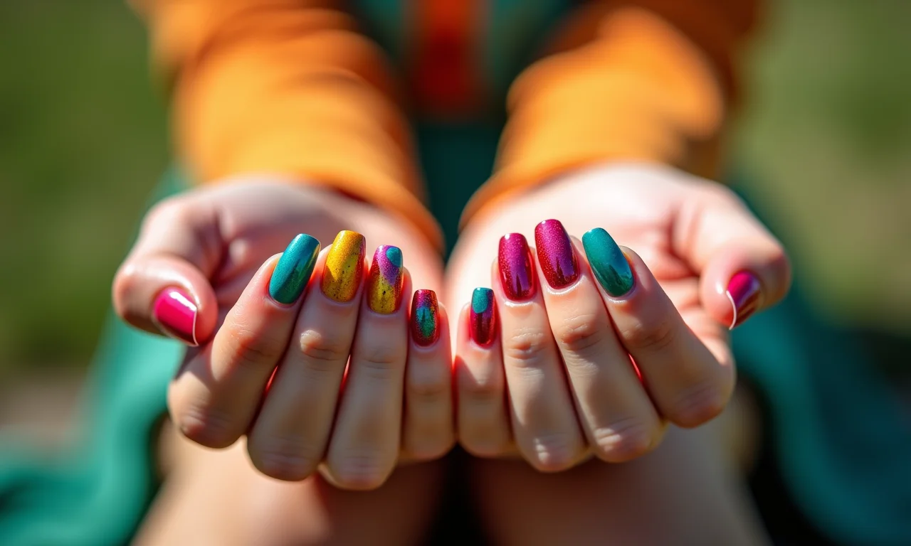 Unhas de gel com cores vibrantes e alegres.