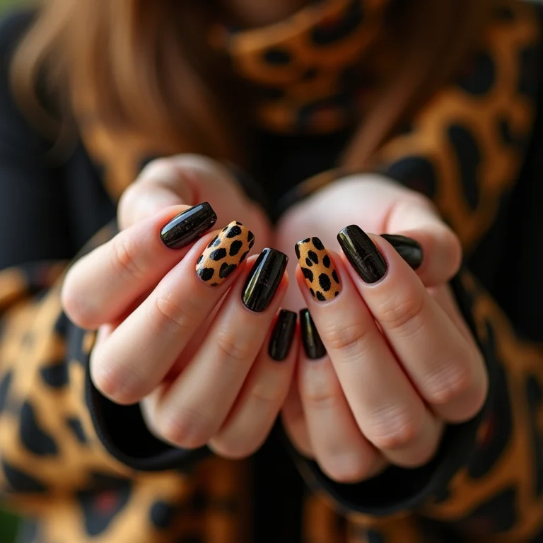 Unhas de gel com estampa de animal print ousada