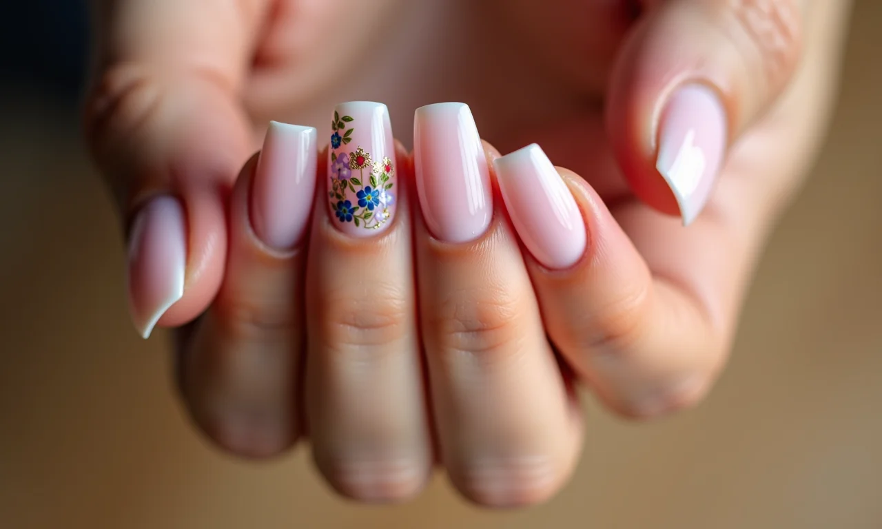 Unhas de gel com filha única decorada.