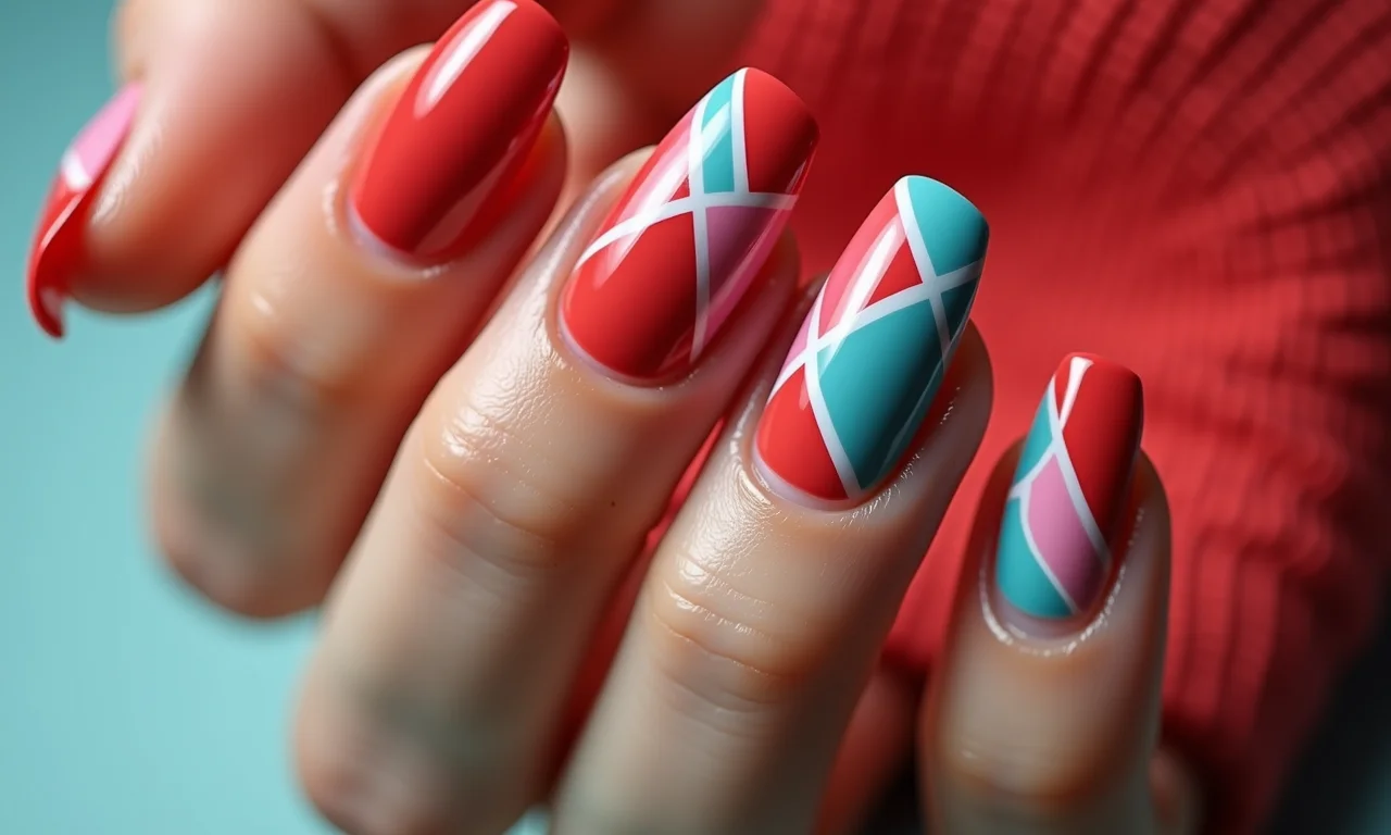 Unhas de gel com geométricos modernos.