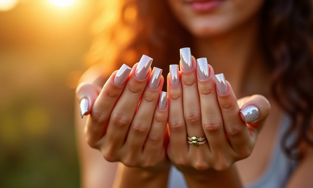 Unhas de gel com glitter dourado em mãos femininas.