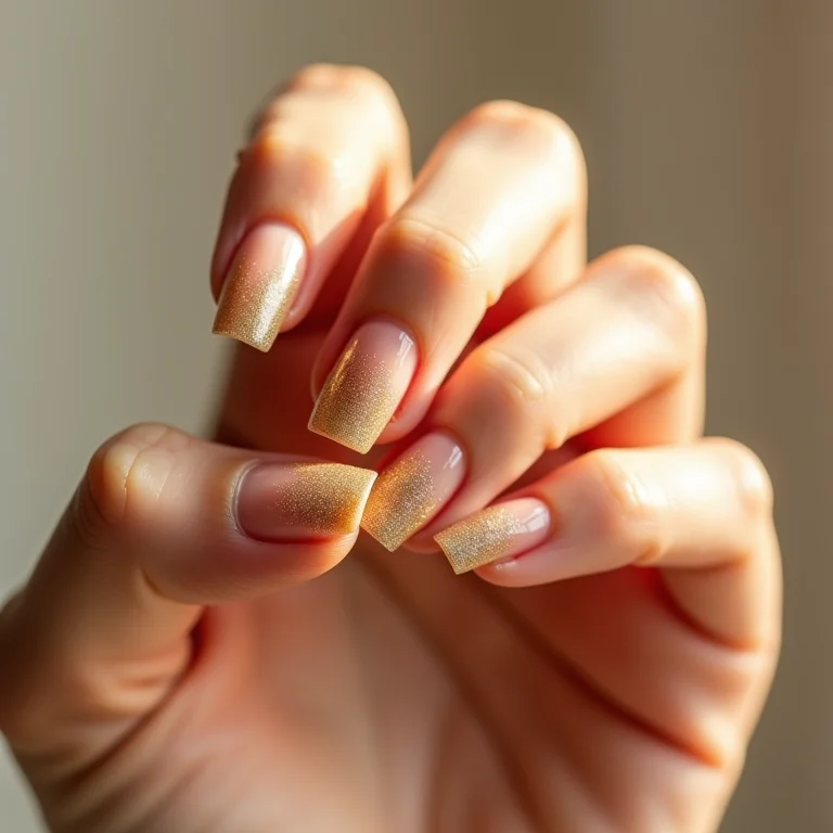 Unhas de gel com glitter dourado