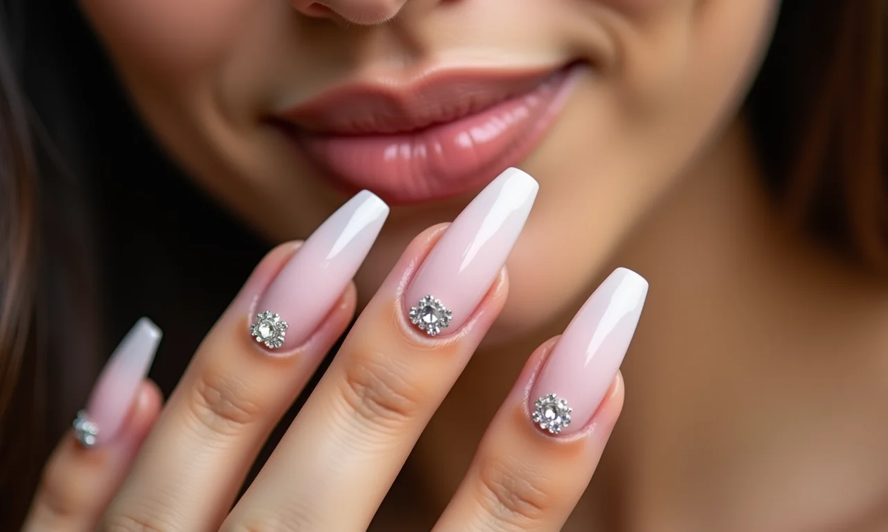 Unhas de gel com pedrinhas discretas.