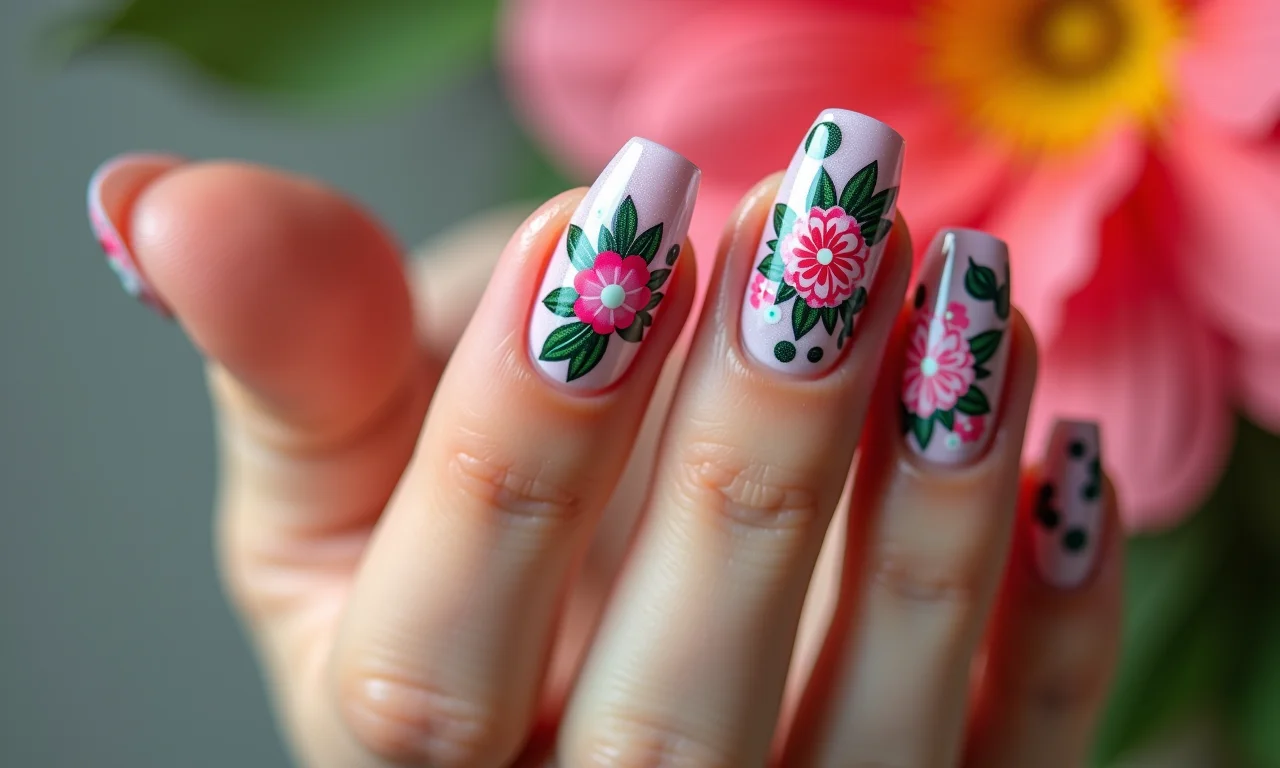 Unhas de gel com películas estampadas.