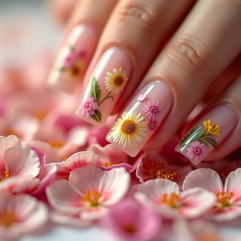 Unhas de gel decoradas com flores delicadas