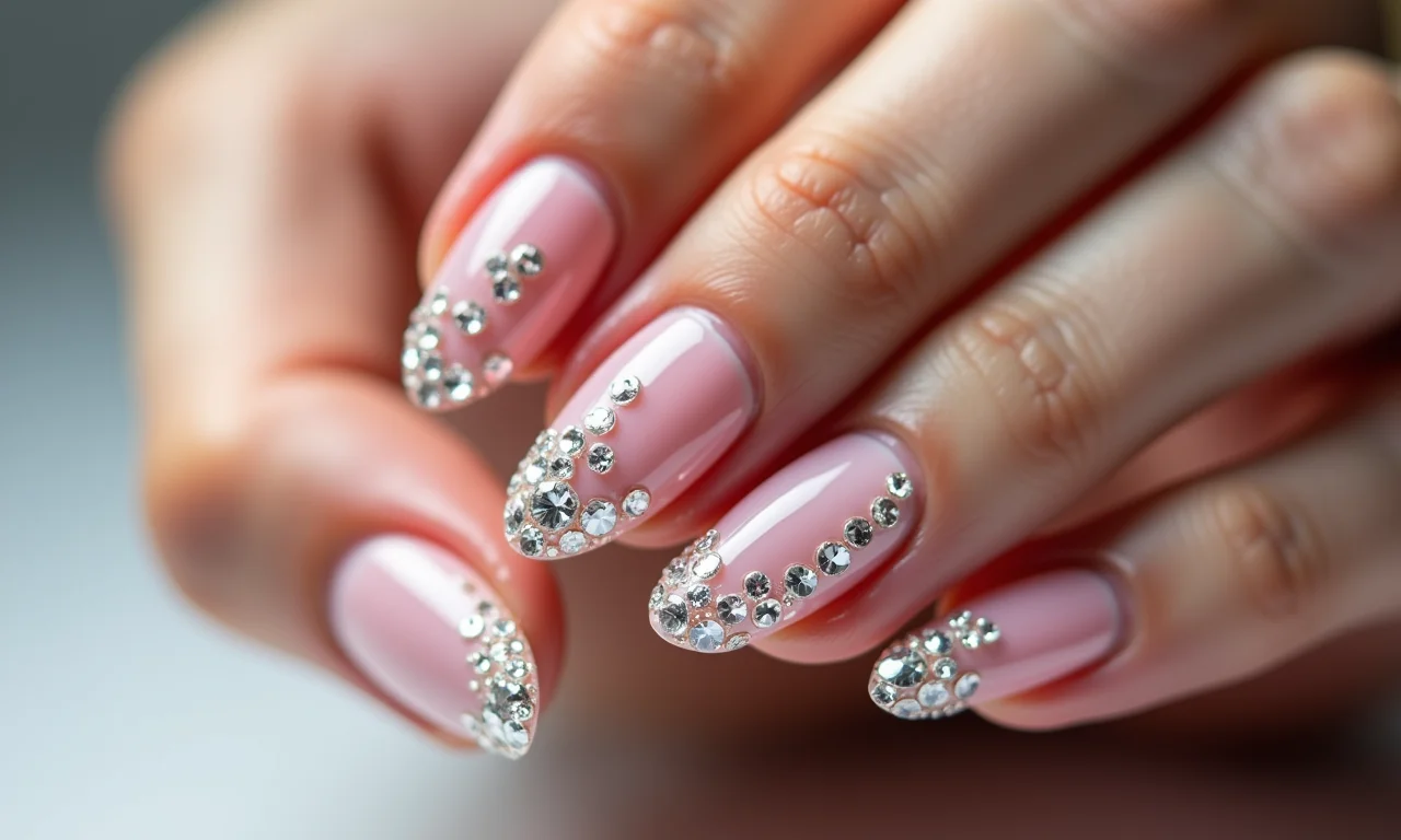 Unhas de gel decoradas com pedrarias, toque de glamour e sofisticação.