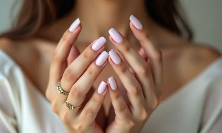 Unhas de gel delicadas e elegantes em mãos femininas.