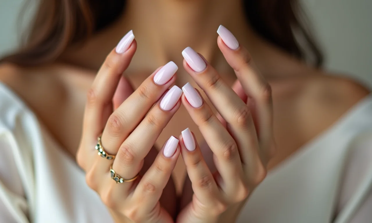 Unhas de gel delicadas e elegantes em mãos femininas.