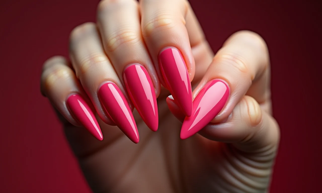 Unhas de gel formato stiletto, ousadia e atitude.