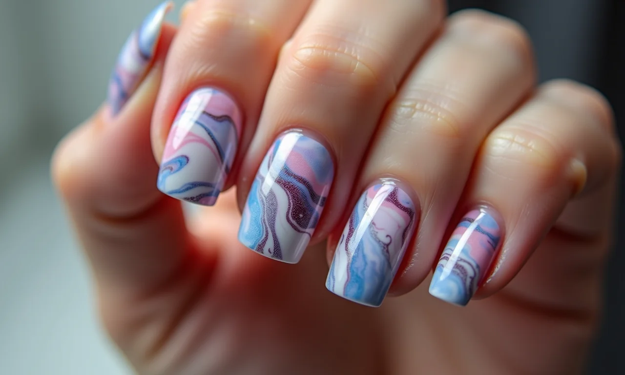 Unhas de gel marmorizadas, arte nas unhas, design único e artístico.