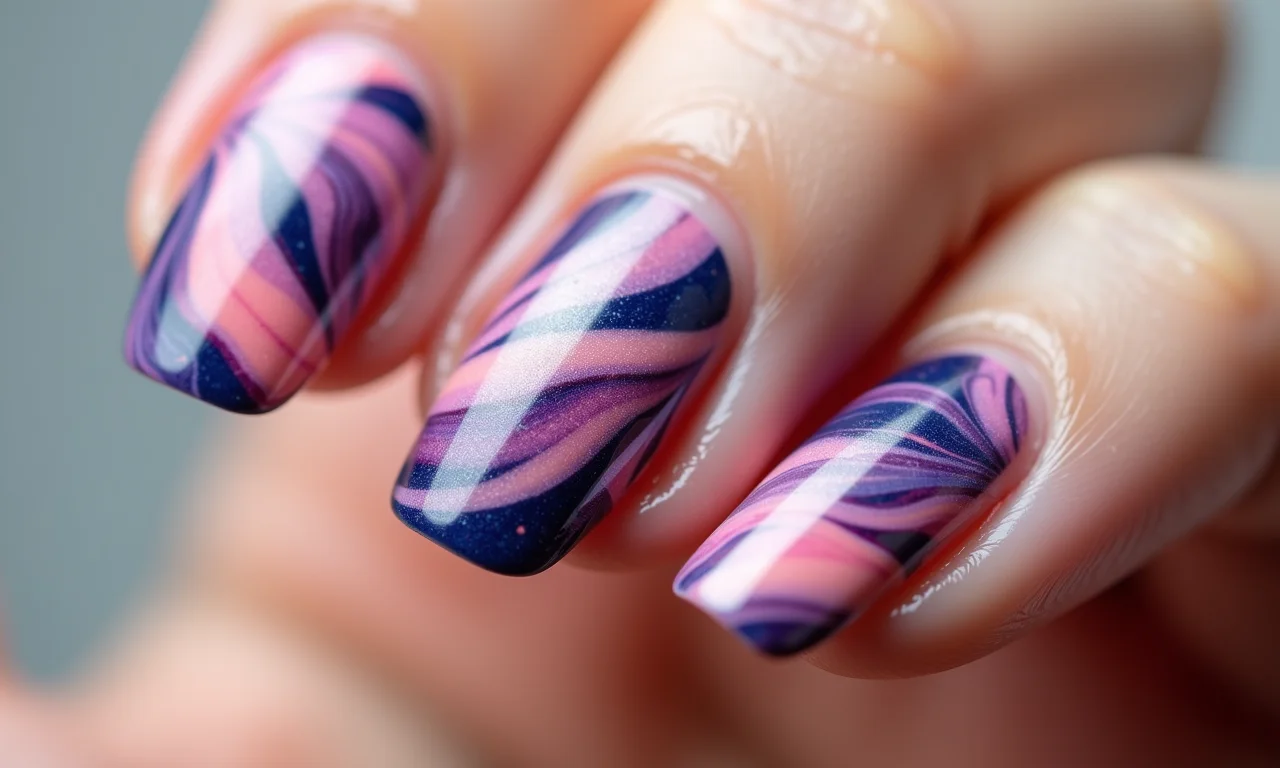 Unhas de gel marmorizadas com efeito moderno.