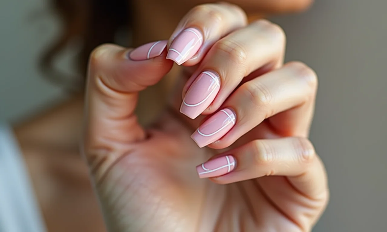 Unhas de gel minimalistas com traços finos.