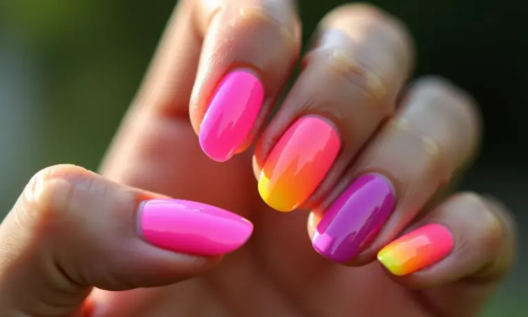 Unhas de gel neon vibrantes em mãos femininas, estilo brasileiro.