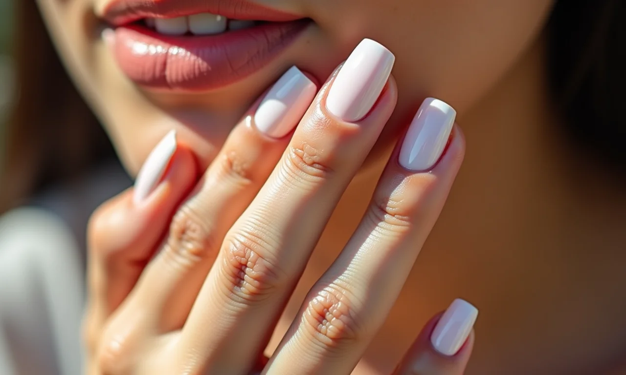 Unhas de gel nude com detalhes brancos.