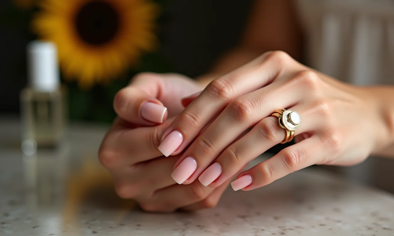 Unhas de gel nude elegante e sofisticado.
