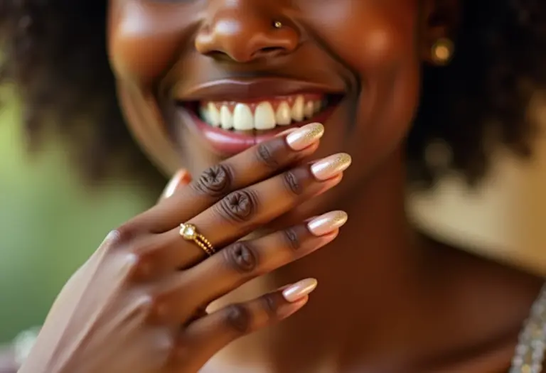 Unhas de gel para o Ano Novo com glitter dourado