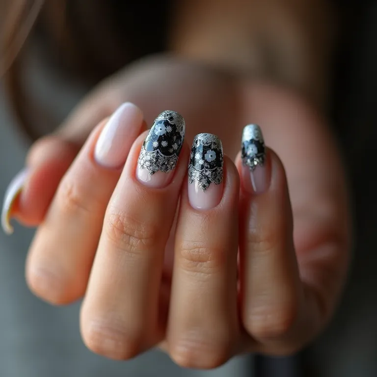 Unhas de gel preta e branca com design moderno e elegante.