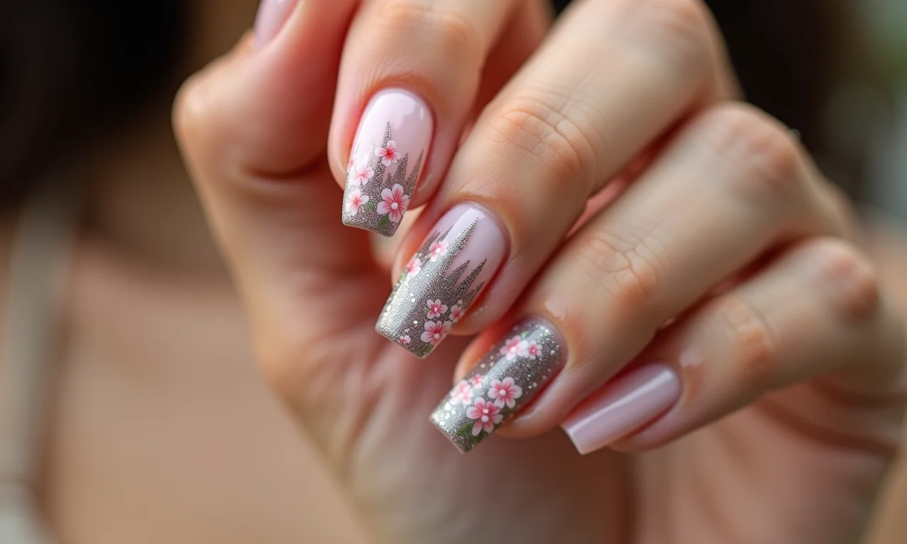 Unhas de gel quadradas decoradas com flores delicadas.