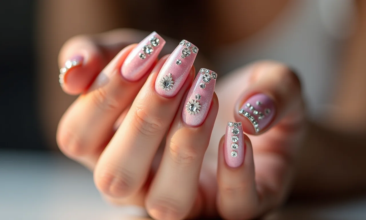 Unhas de gel quadradas decoradas com pedrarias.