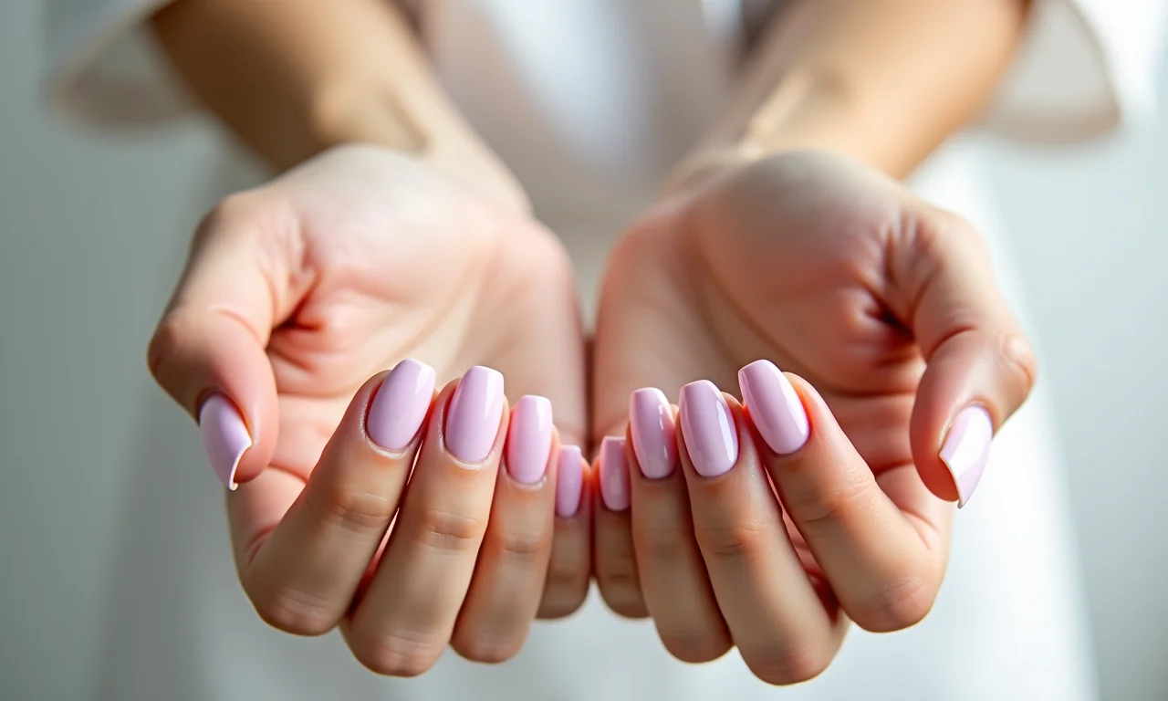 Unhas de gel redondas com decoração minimalista.