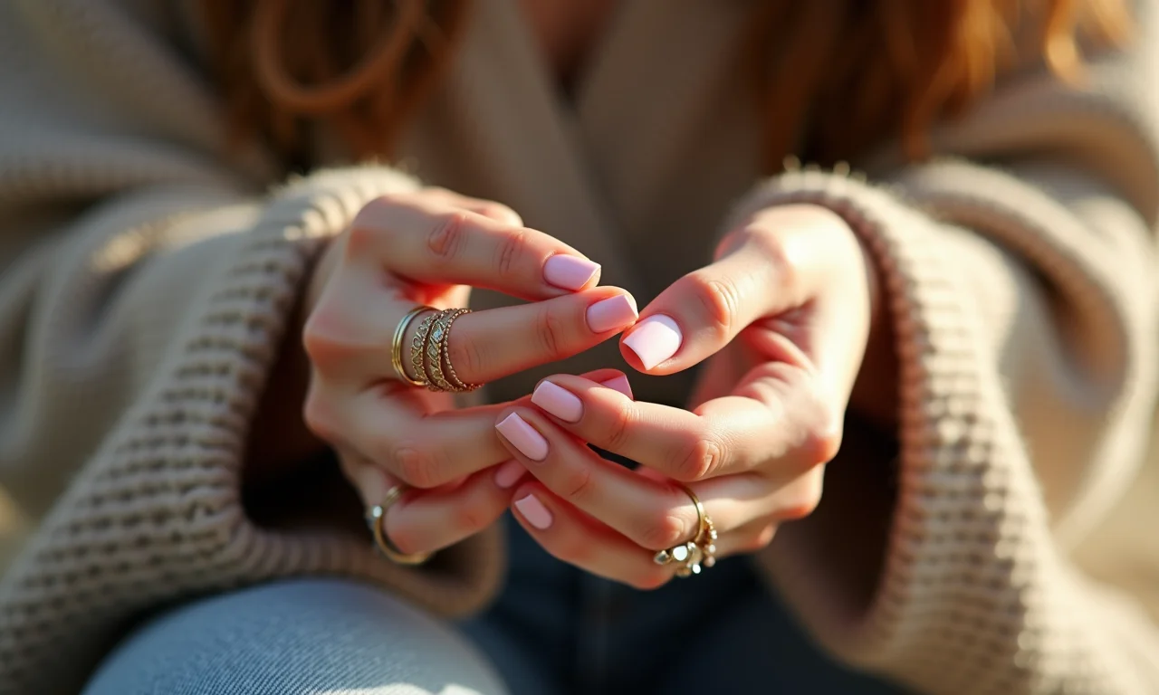 Unhas de gel redondas combinando com estilo boho chic.
