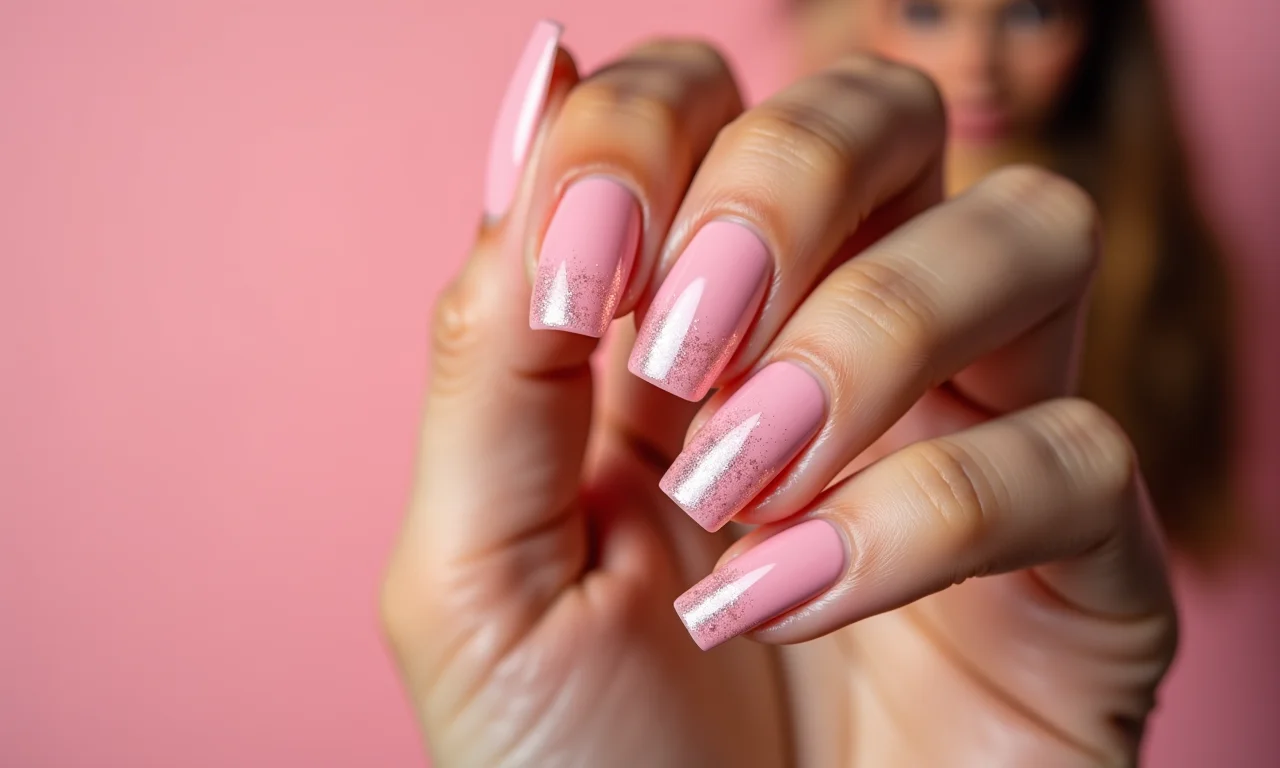 Unhas de gel rosa claro com glitter.